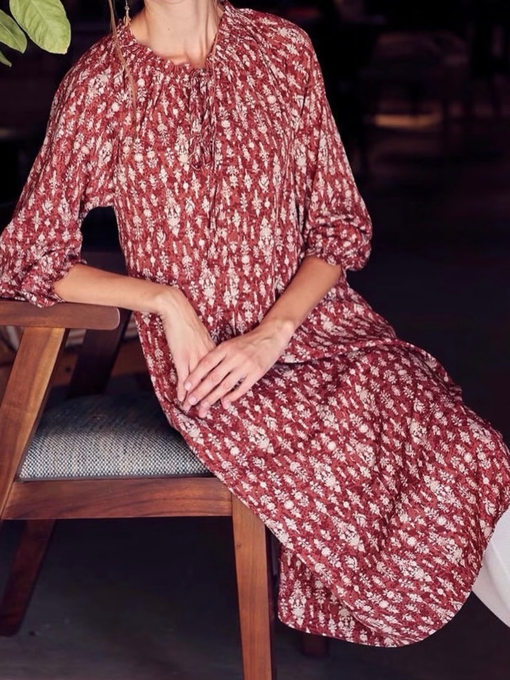 Cameleon Boho Hand Block Print Maroon Peasant Long Sleeve size S